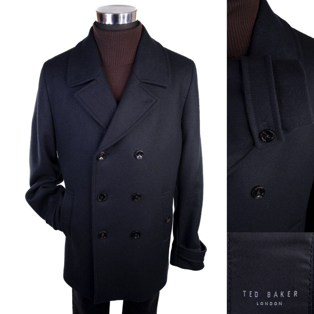Ted Baker Wool Peacoat Men Sz 6 44L Wool Blend Solid Black Double Breasted ECU